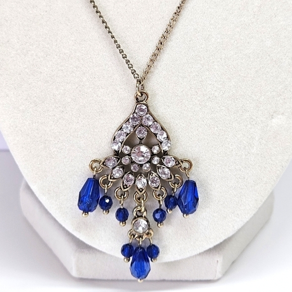 VINTAGE Victorian Revival Rhinestone and Blue Pendant Gold-Tone Necklace - Picture 1 of 6